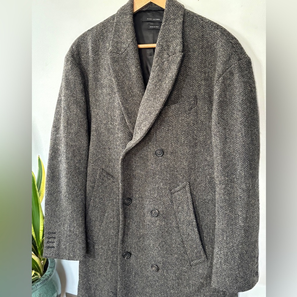 Marc Jacobs double-breasted wool-blend overcoat grey herringbone oversized XL - Picture 2 of 6